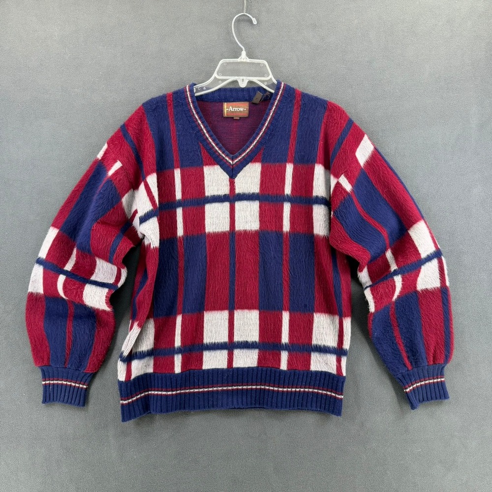 Vintage Arrow Mens Sweater Medium Plaid V-Neck Fuzzy Acrylic Navy Red White 90s